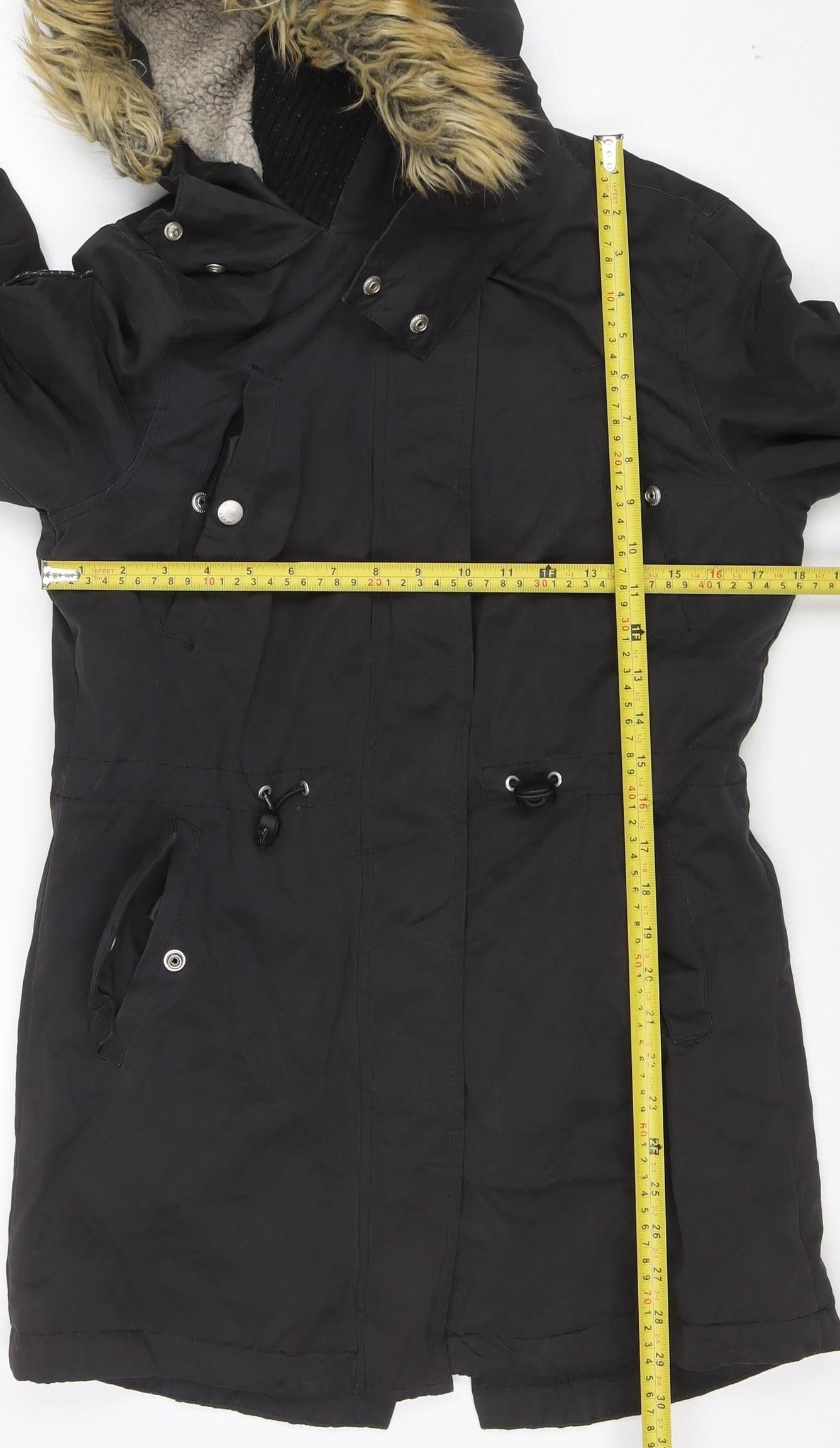 Superdry Women's Black Parka Coat Size S Faux Fur Hooded Winter Jacket