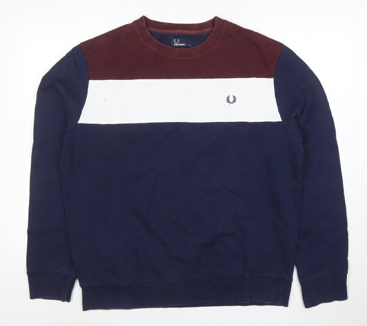 Fred Perry Men's Blue Crew Neck Colour Block Sweatshirt L