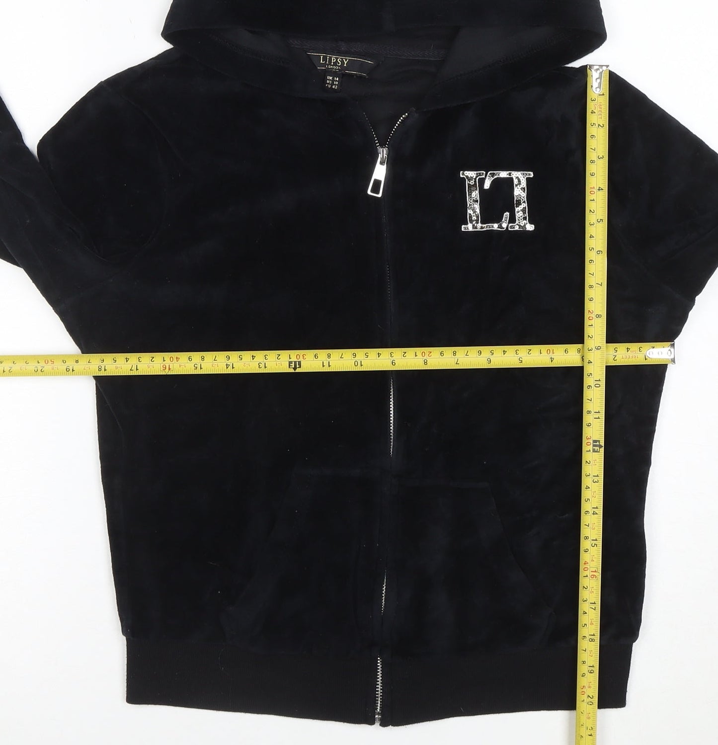 Lipsy Women Black Velour Full Zip Hoodie UK 14 Rhinestone Logo