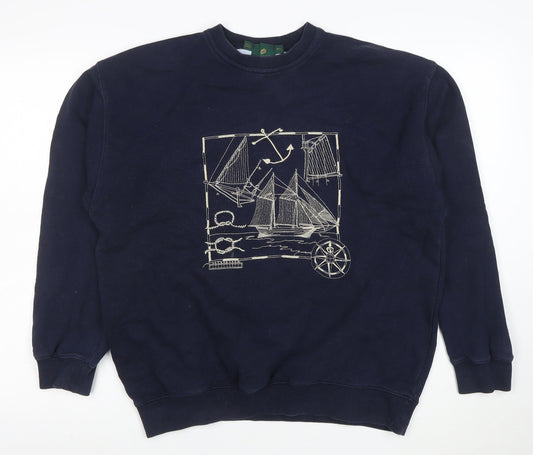Jumpers Men Blue Cotton Nautical Embroidered Crew Neck Sweatshirt M