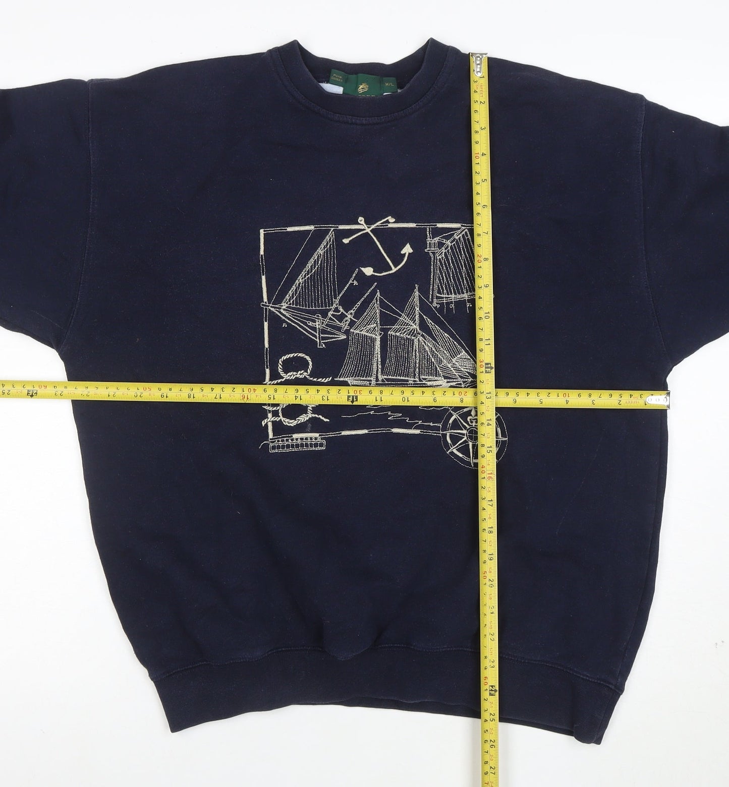 Jumpers Men Blue Cotton Nautical Embroidered Crew Neck Sweatshirt M