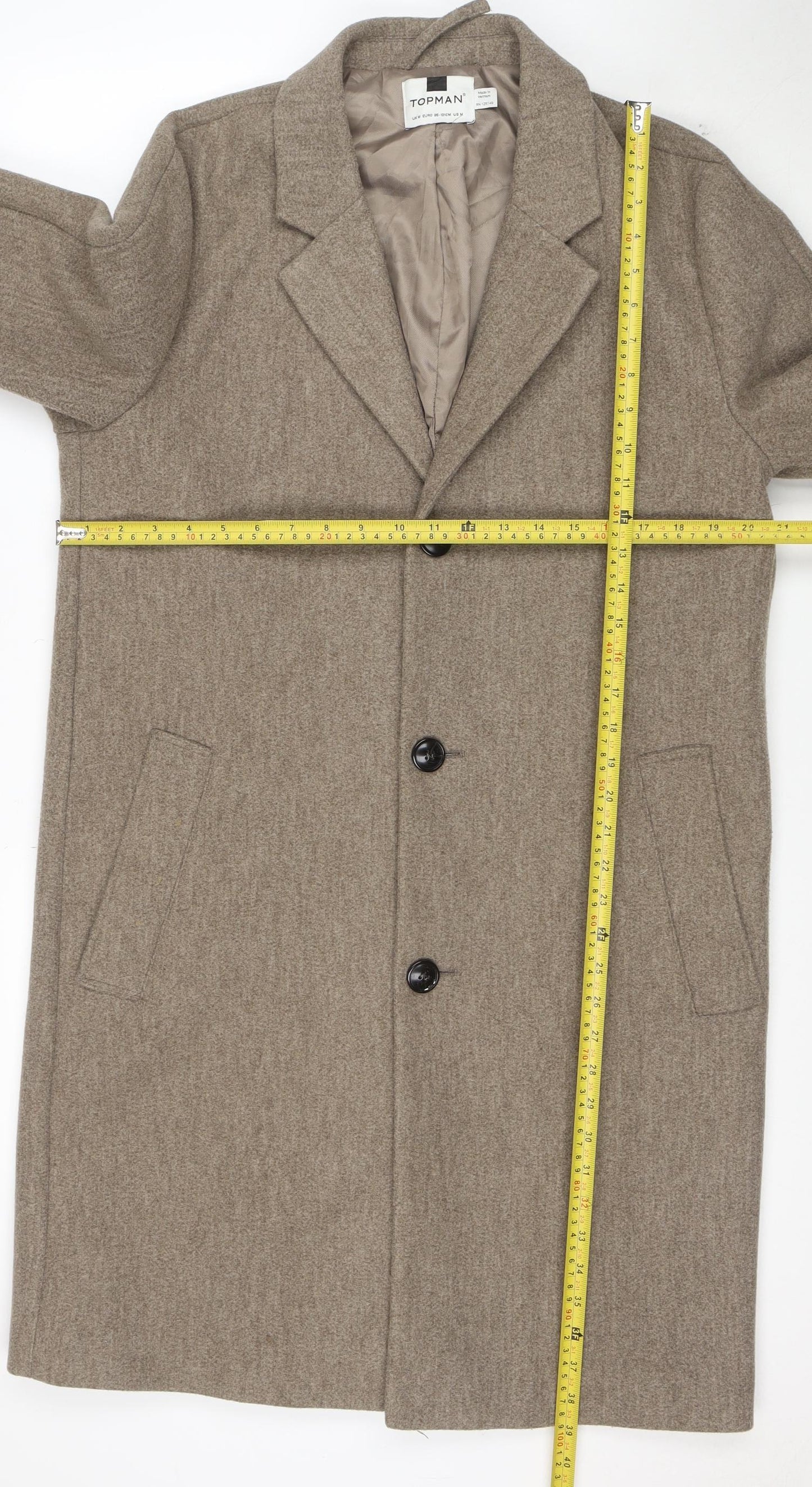 Topman Unisex Brown Wool Blend Long Overcoat M Classic Style