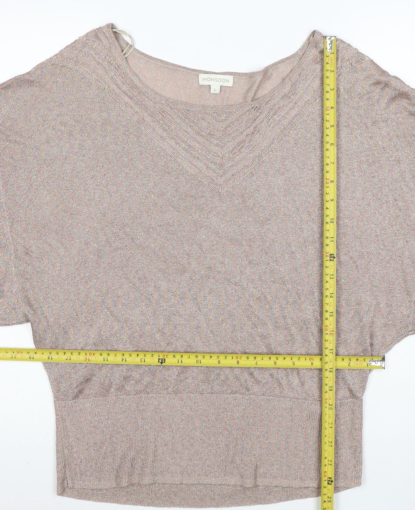 Monsoon Women’s Beige Knit Dolman Blouse L V-Neck Lightweight Top