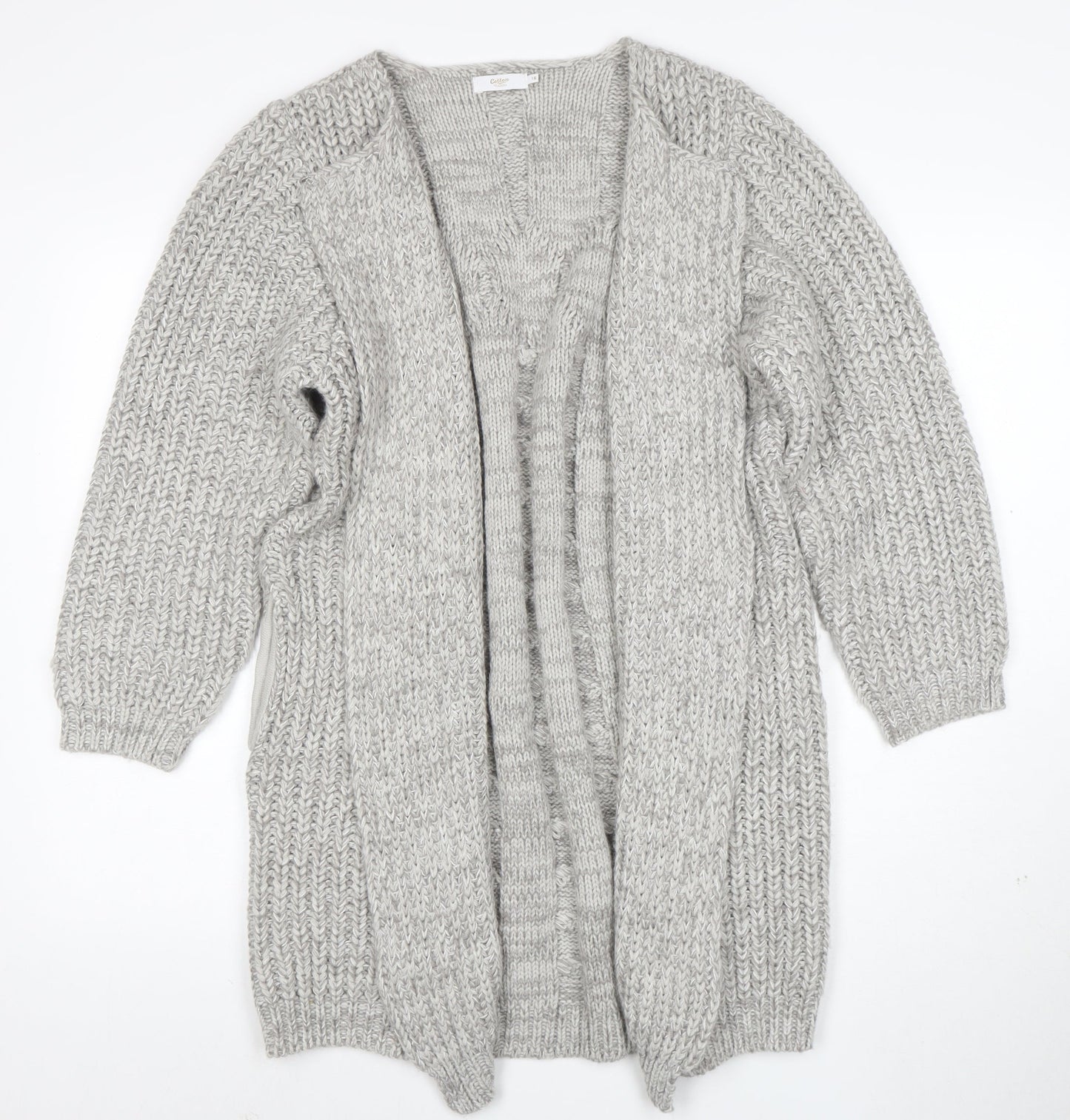 Cotton Traders Women’s Grey Marl Cable-Knit Longline Cardigan Size 16