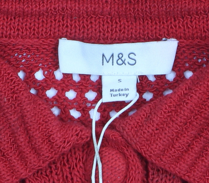 Marks and Spencer Women Red Collared Open-Knit Cardigan Size S