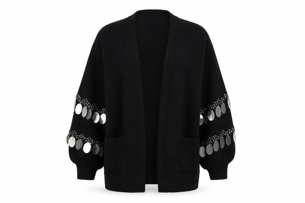 Blue Vanilla Women's Black Sequin Sleeve V-Neck Cardigan M
