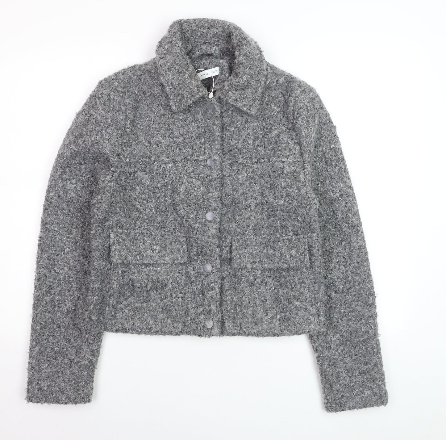 Mango Women’s Grey Short Button-Up Jacket Size M Wool-Effect Classic Style