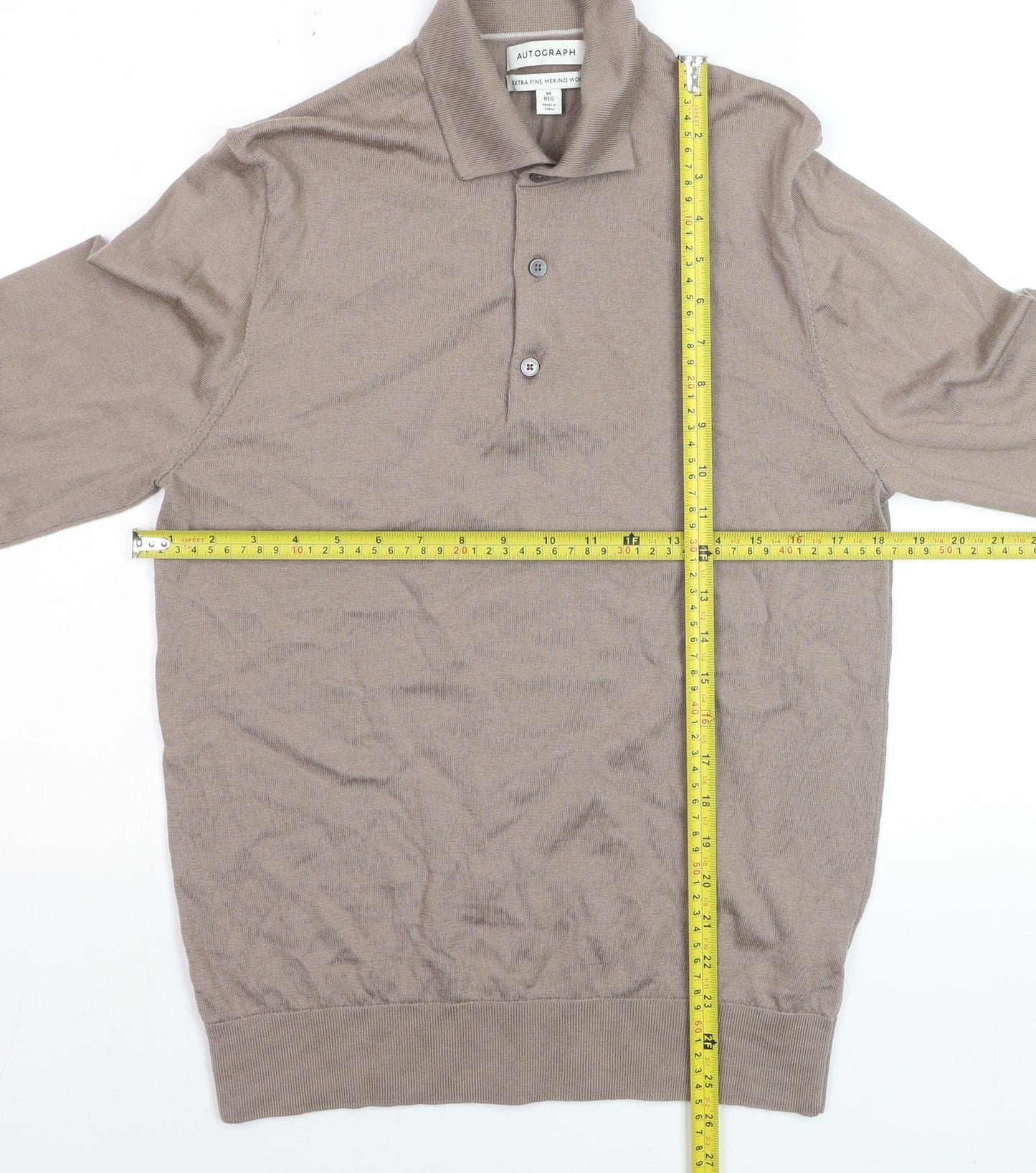 Marks and Spencer Men Beige Merino Wool Collared Henley Jumper M