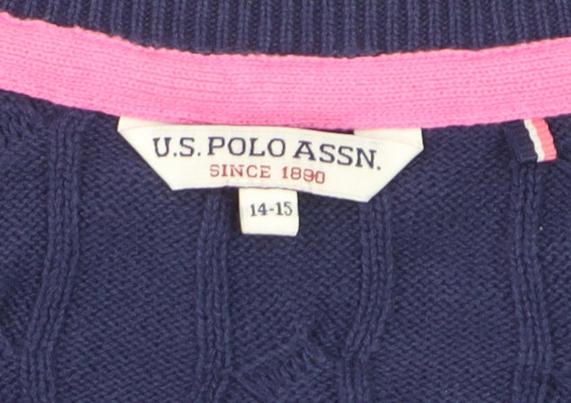 U.S. Polo Assn Girls Navy Blue Cable Knit Cardigan 14-15 Years Button Wool Blend
