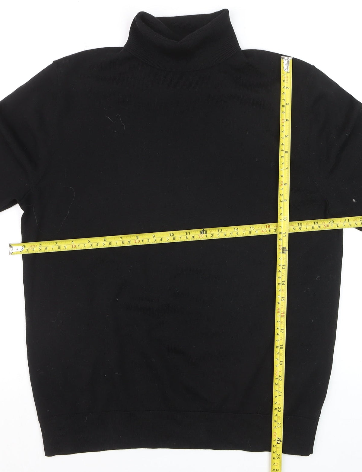 Close-up detail of MVP Men's Black Roll Neck Jumper, size M, Lightweight Knit