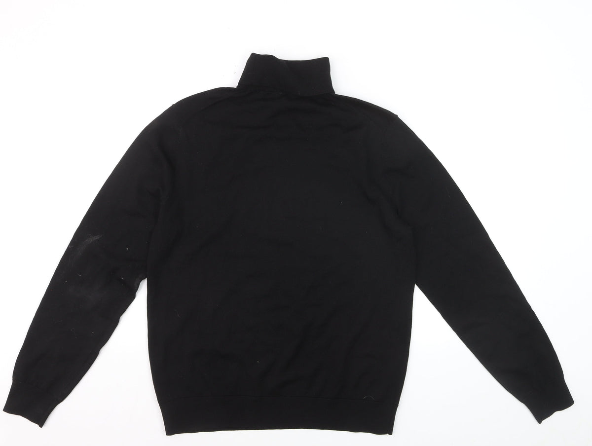 Brand and care label for MVP Men's Black Roll Neck Jumper, size M, Lightweight Knit