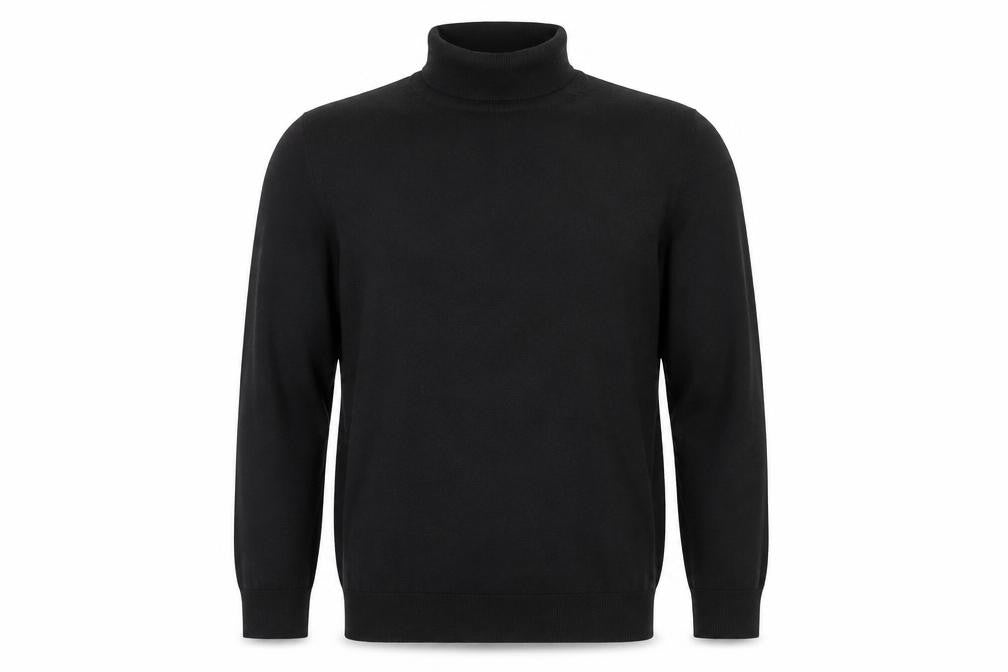 Front view of MVP Men's Black Roll Neck Jumper, size M, Lightweight Knit