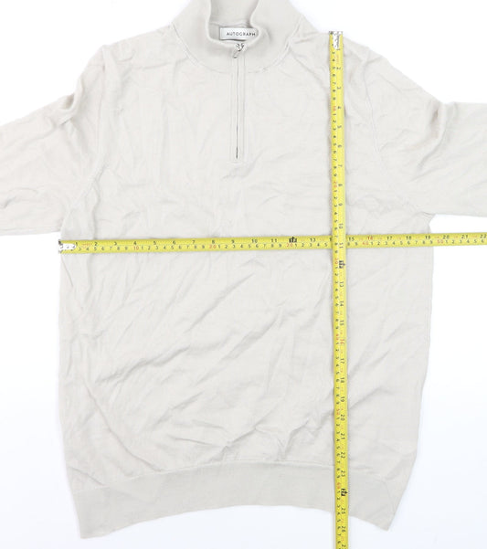 Marks and Spencer Men Beige Merino Wool 1/4 Zip Jumper L Regular