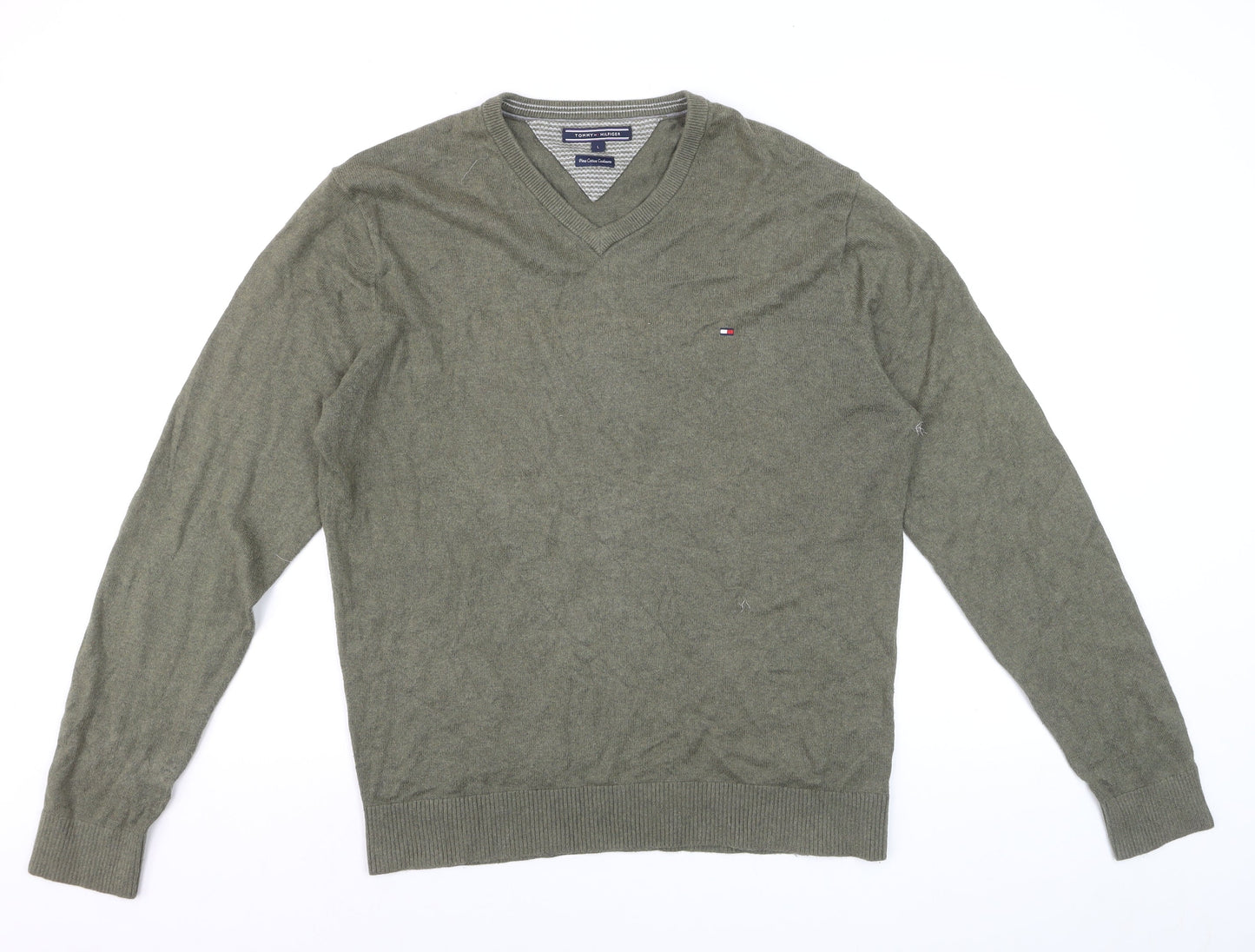 Tommy Hilfiger Men’s Green V-Neck Cotton Cashmere Jumper L