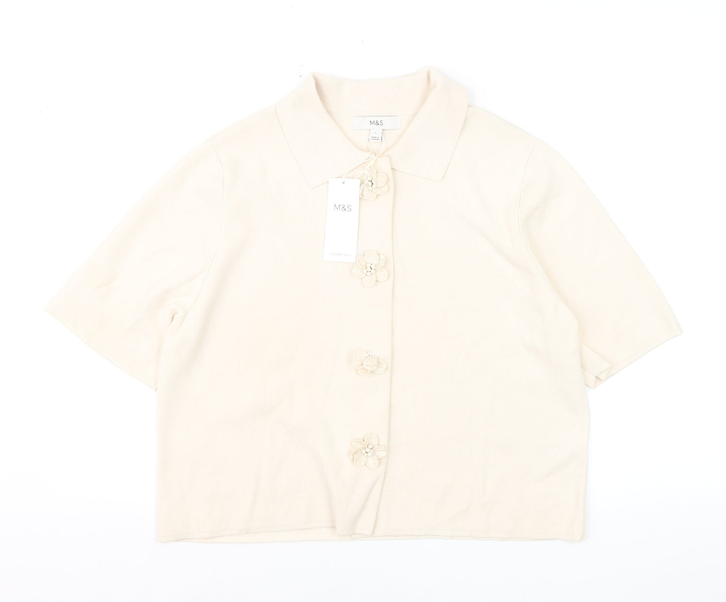 Marks and Spencer Women Beige Collared Short Sleeve Cardigan L