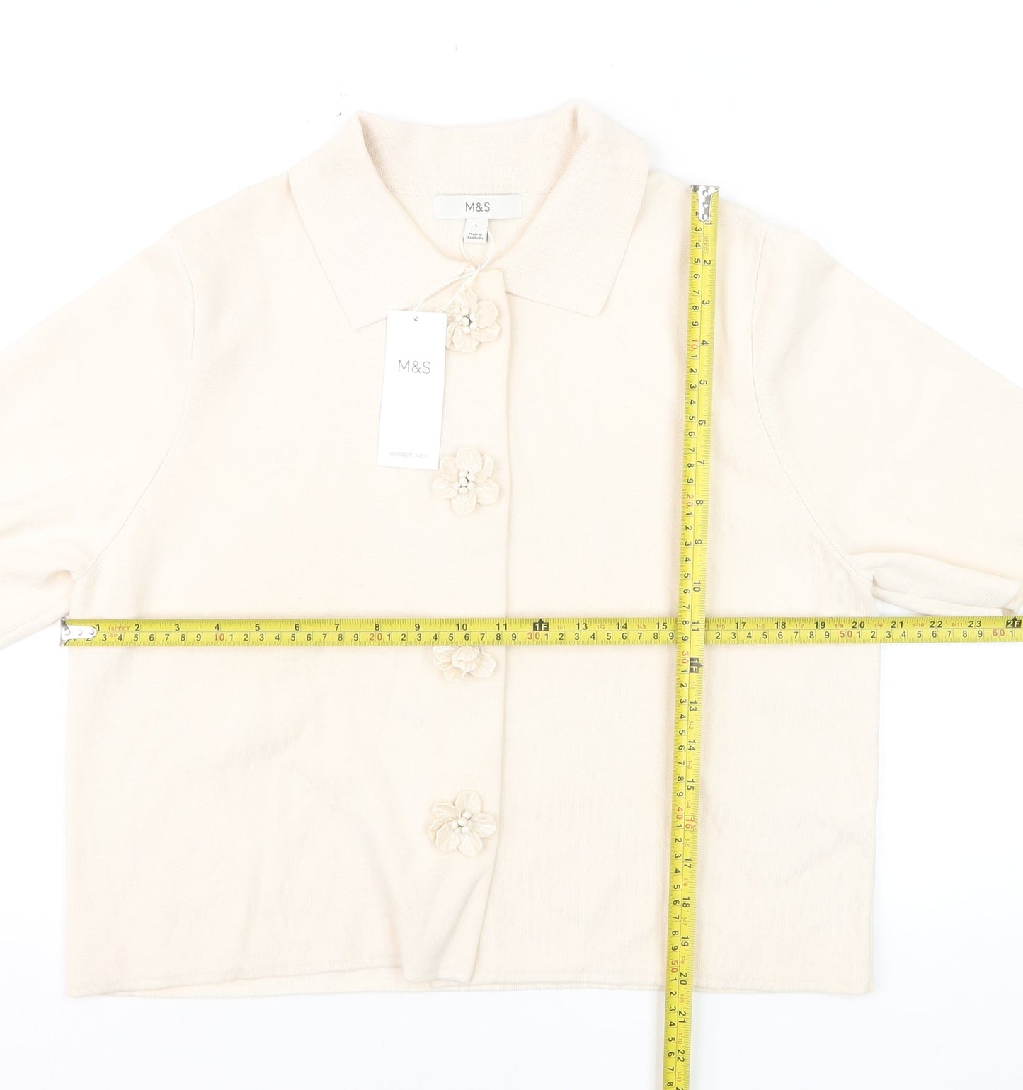 Marks and Spencer Women Beige Collared Short Sleeve Cardigan L