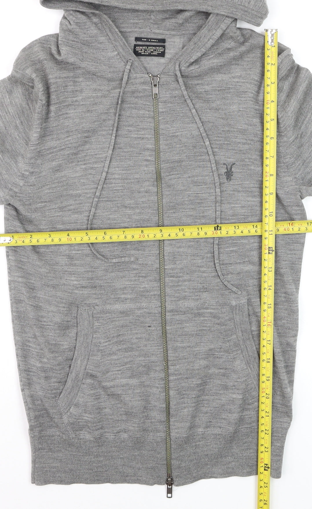 AllSaints Men’s Grey Merino Wool Full Zip Hooded Jumper XS