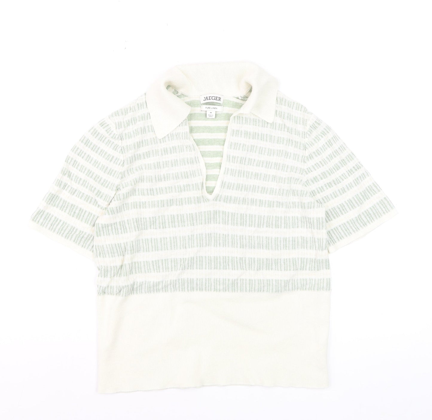 Jaeger Women Green Striped Linen Polo Top Size M