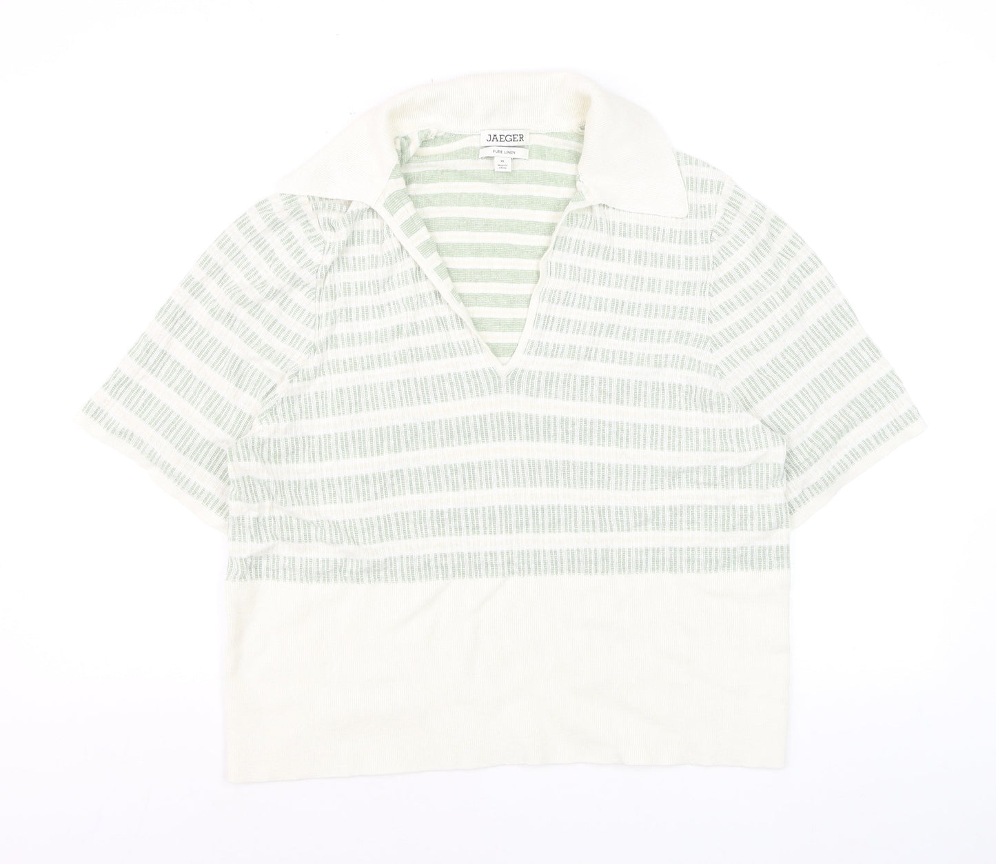 Jaeger Women’s Green White Linen Striped Collared Polo Top XL