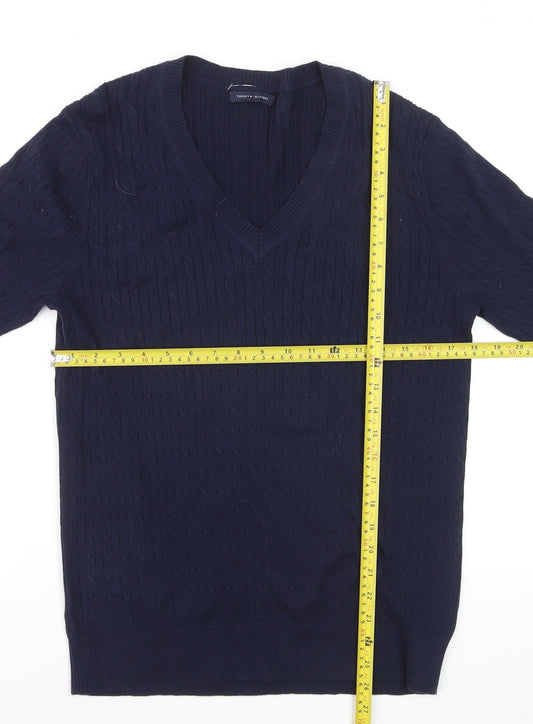 Tommy Hilfiger Men's Blue V-Neck Cable-Knit Cotton Jumper M