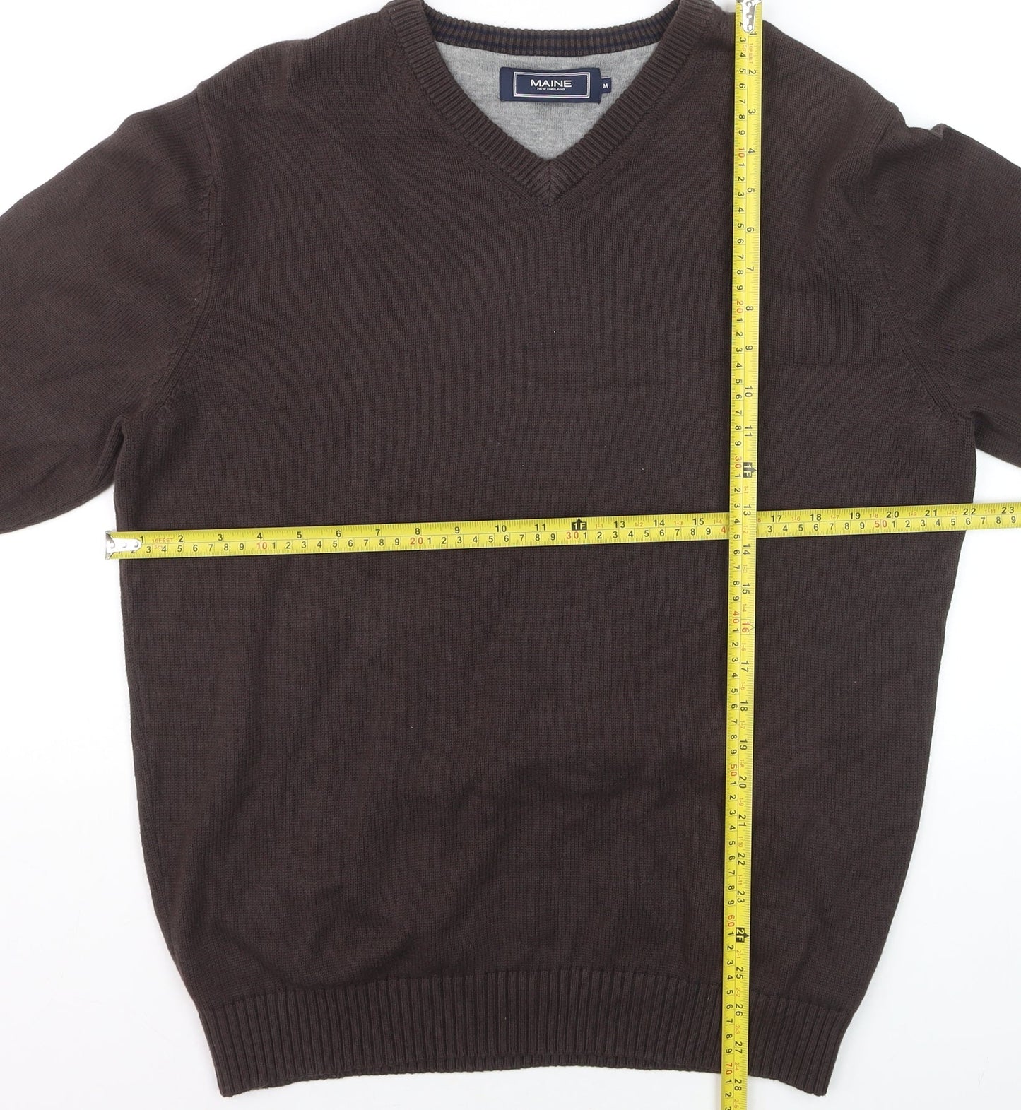 Maine New England Men's Brown Cotton V-Neck Jumper Size M