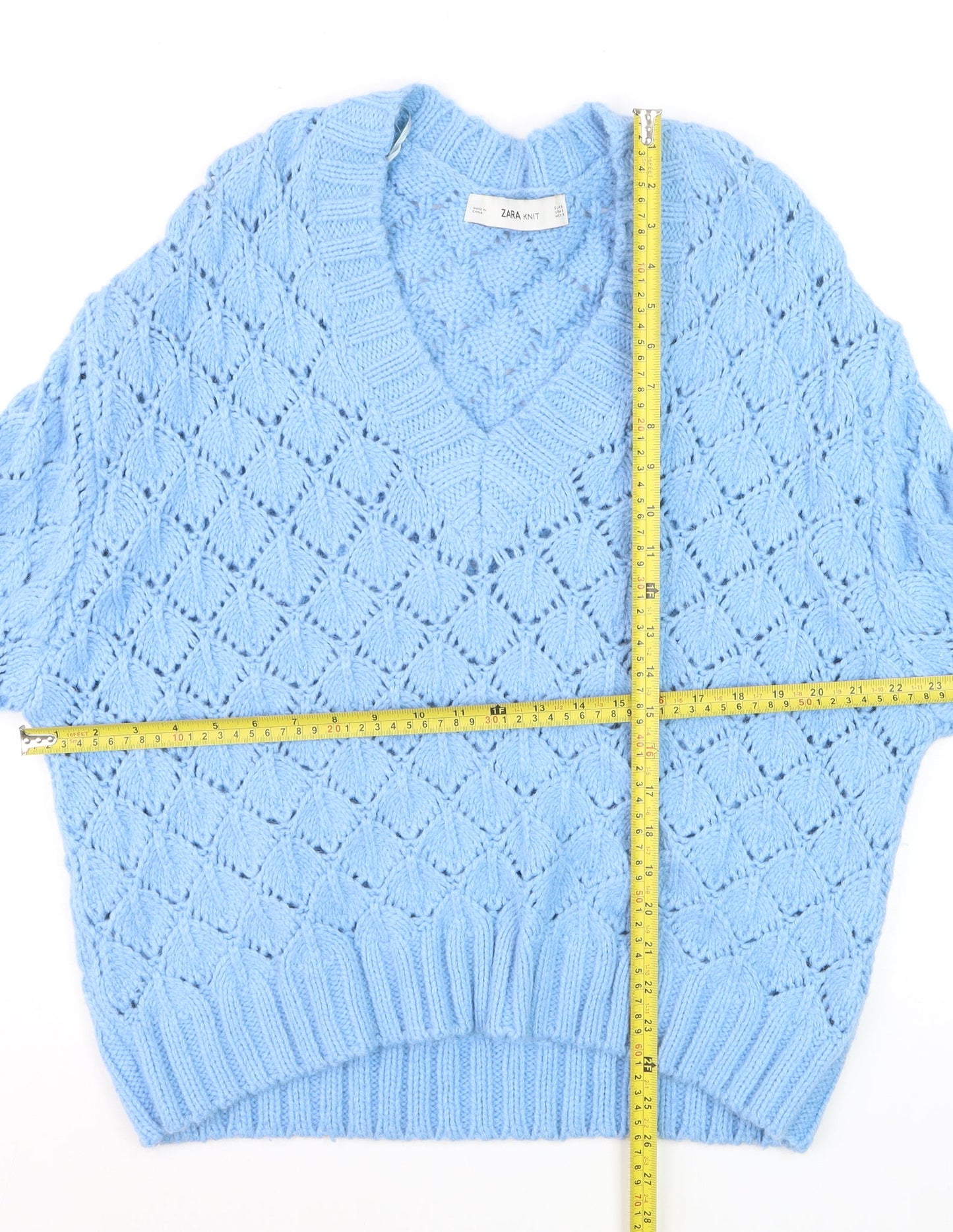 ZARA Women Blue V-Neck Open-Knit Acrylic Jumper Size 8
