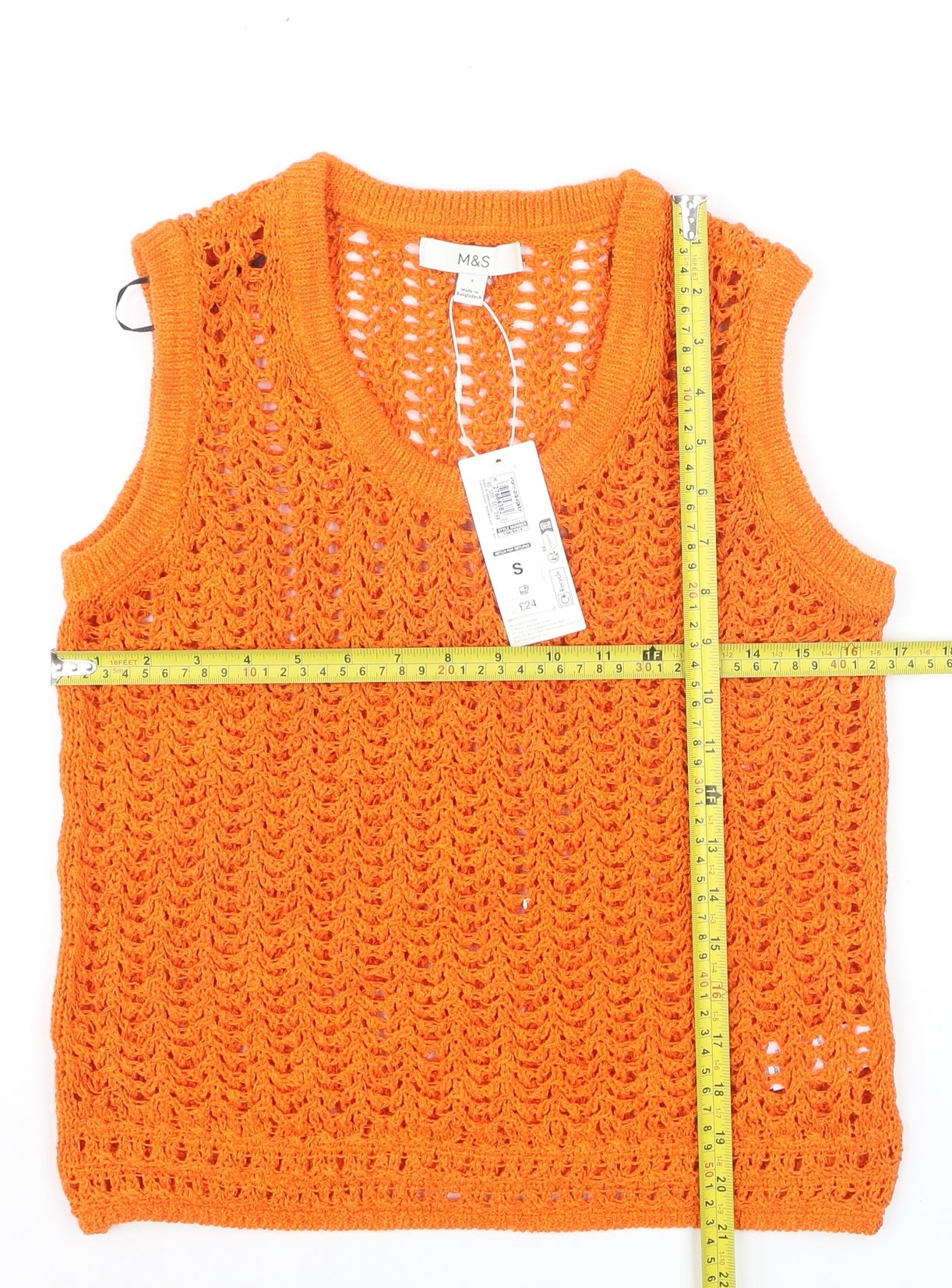 Marks and Spencer Women’s Orange Open Knit Sleeveless V-Neck Vest Jumper Size S