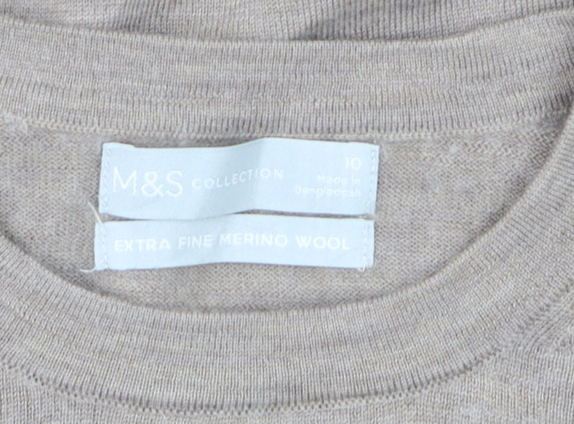 Marks and Spencer Women Beige Size 10 Crew Neck Merino Wool Jumper
