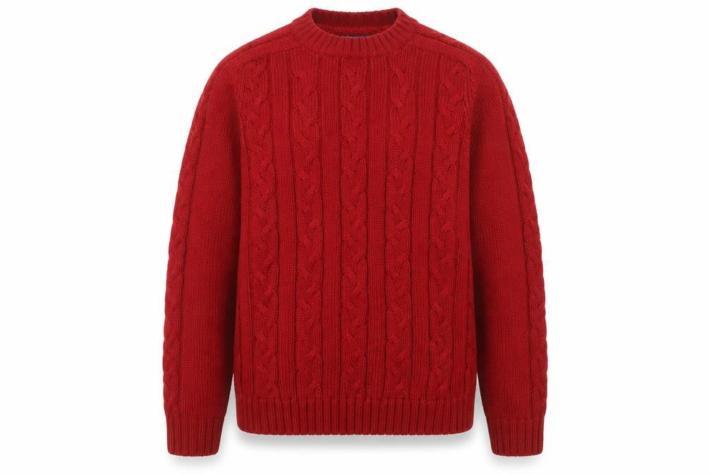 Cortefiel Men Red Cable-Knit Wool Blend Crew Neck Jumper L