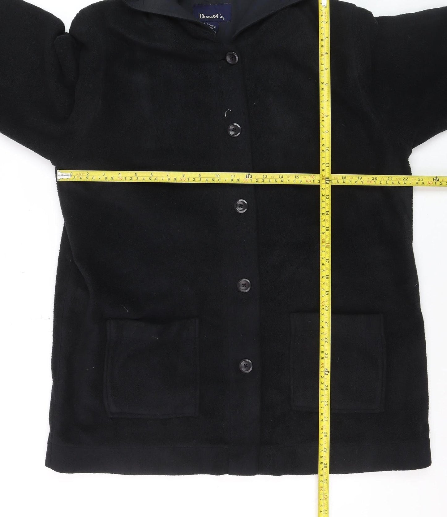 Denim & Co Women’s Black Hooded Fleece Coat Size L Button Front