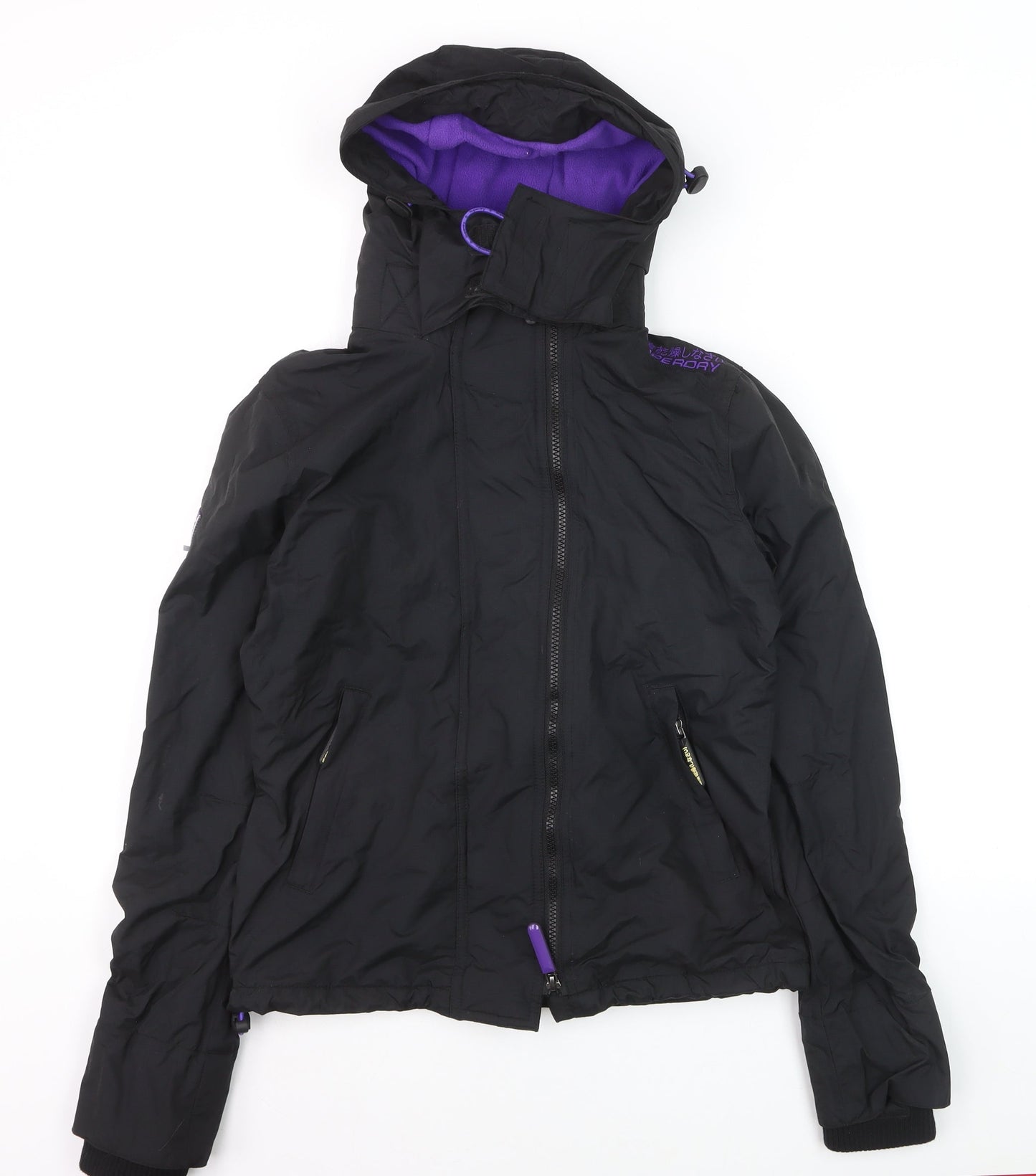 Superdry Women Black Windbreaker Jacket Size 10 Hooded Zip Logo