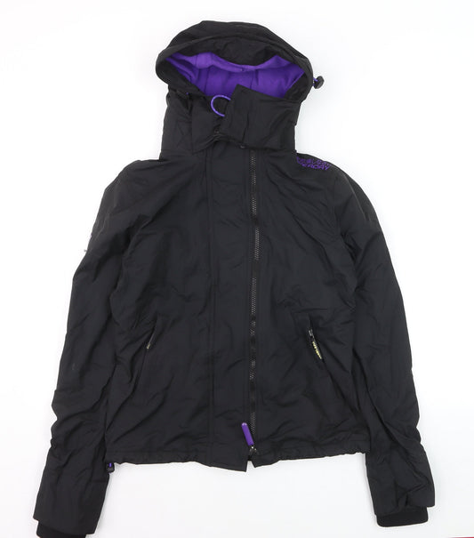 Superdry Women Black Windbreaker Jacket Size 10 Hooded Zip Logo
