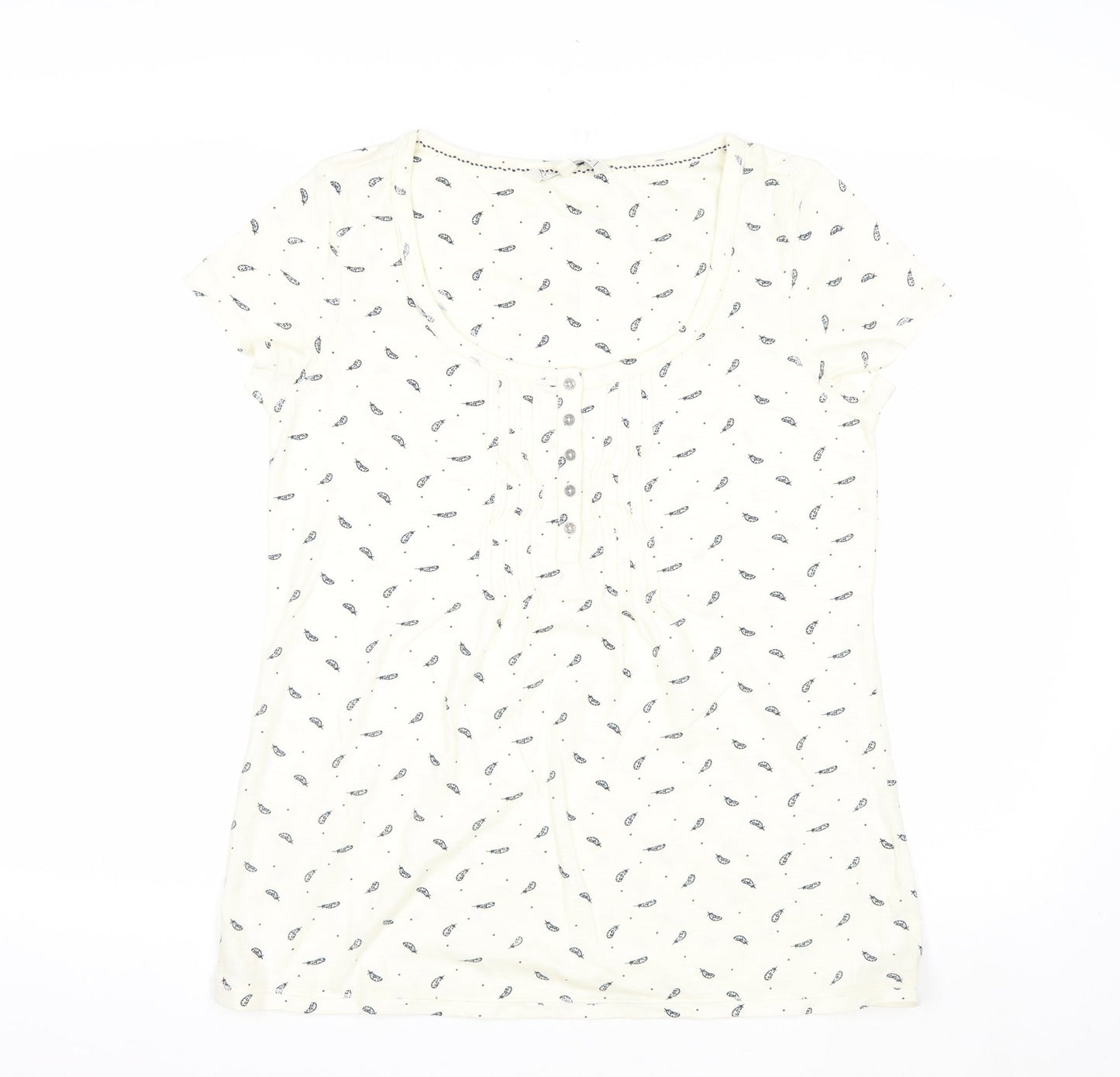Fat Face Women Ivory Feather Print Button Front T-Shirt Size 12
