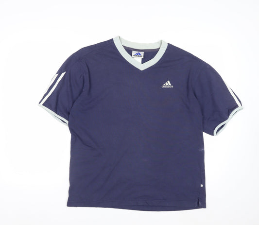 Adidas Men Blue V-Neck Short Sleeve Sports Cotton T-Shirt M