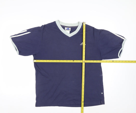 Adidas Men Blue V-Neck Short Sleeve Sports Cotton T-Shirt M