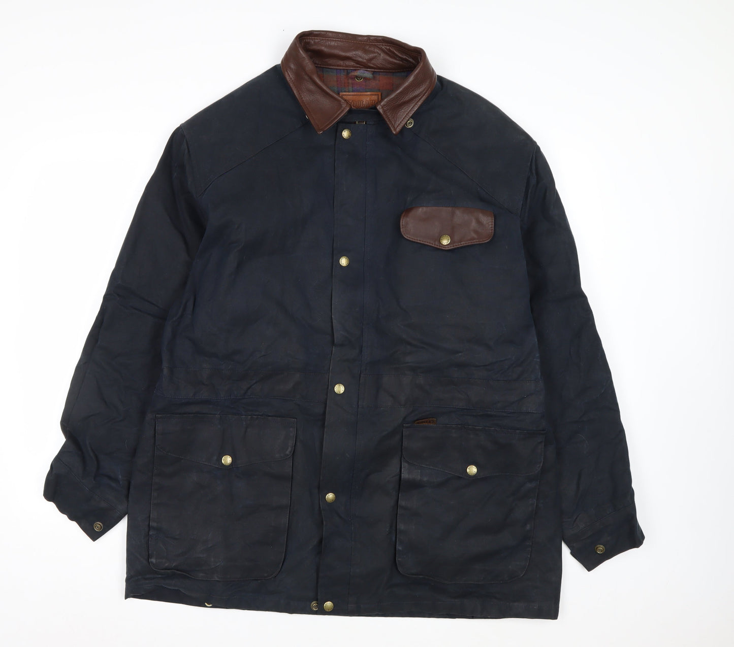 Koolah Men's Blue Waxed Cotton Jacket L Leather Collar Outdoor Style