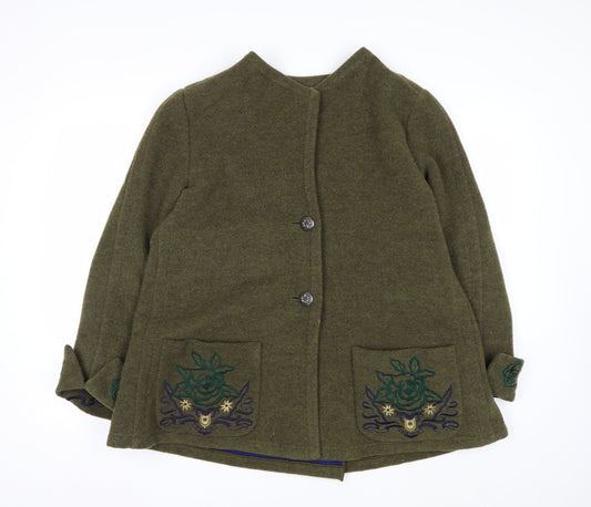 Krizia Women's Green Wool Embroidered Mid-Length Coat Size 14