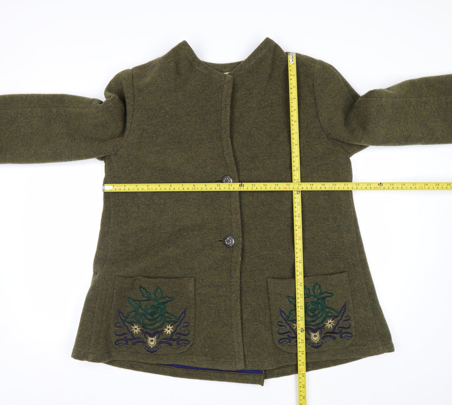 Krizia Women's Green Wool Embroidered Mid-Length Coat Size 14