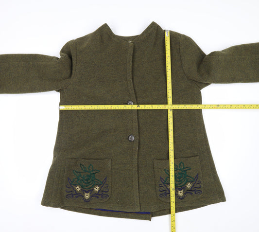 Krizia Women's Green Wool Embroidered Mid-Length Coat Size 14