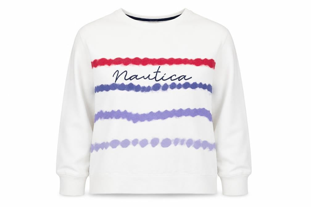 Nautica Women's White Striped Pullover Sweatshirt Size L Cotton Blend