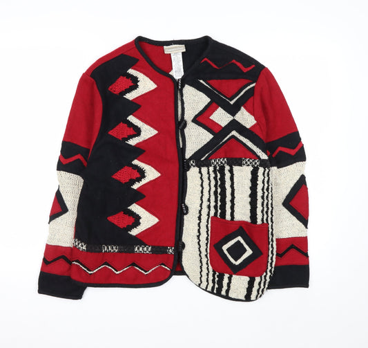 Coldwater Creek Women Red Black Geometric Wool Knit Cardigan M