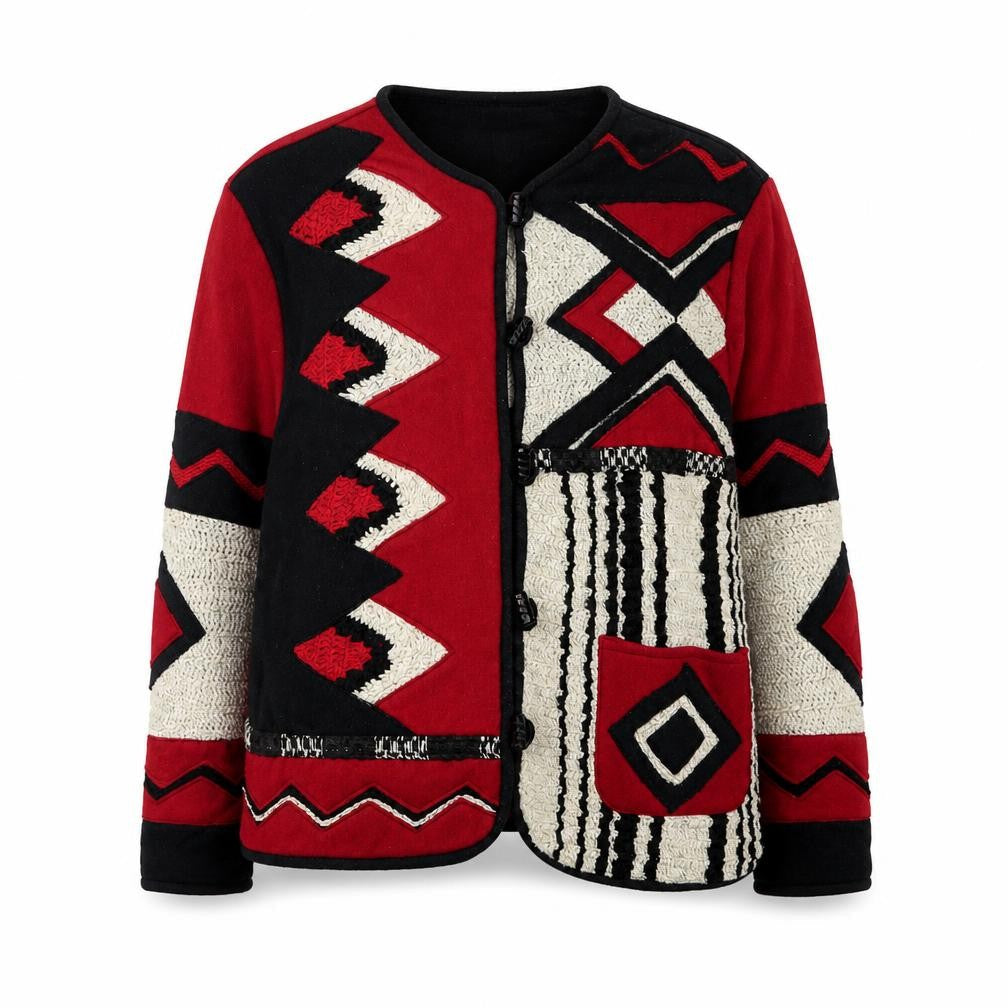 Coldwater Creek Women Red Black Geometric Wool Knit Cardigan M
