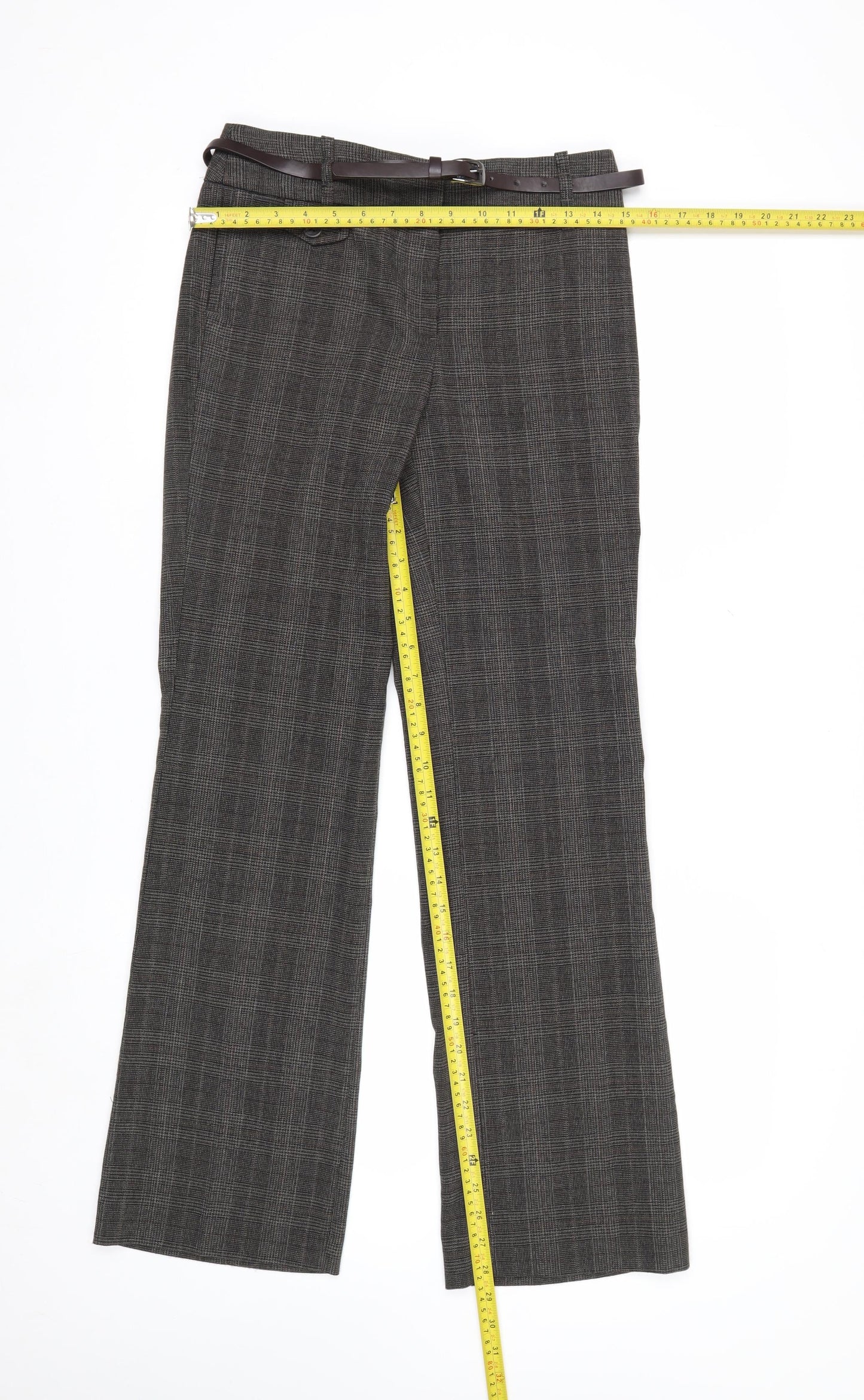 Next Women Grey Check Chino Trousers Size 6R Belted Polyester Blend