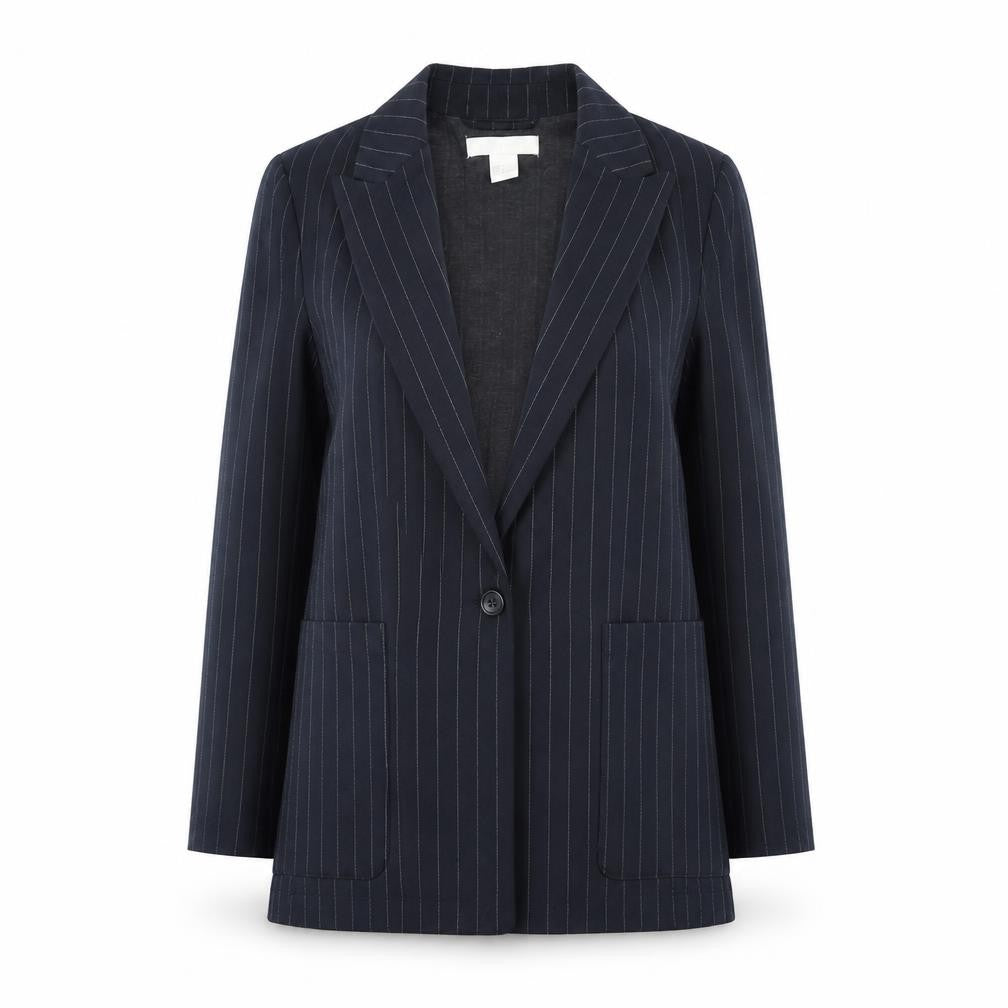 H&M Women Black Pinstripe Single-Breasted Blazer UK 6