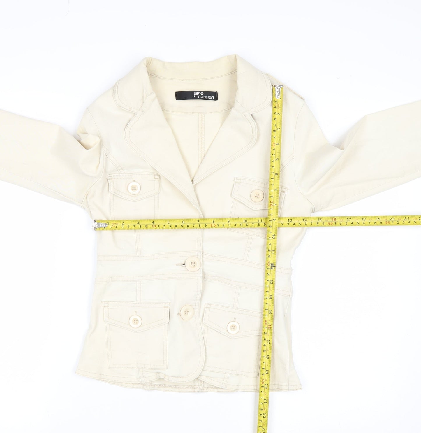 Jane Norman Women Beige Cotton Blend Button Blazer Jacket Size 12