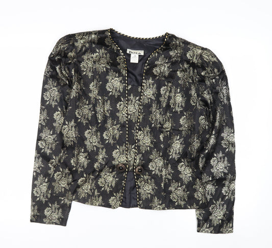 Patra Women Black Floral Brocade Long Sleeve Blazer Size 8