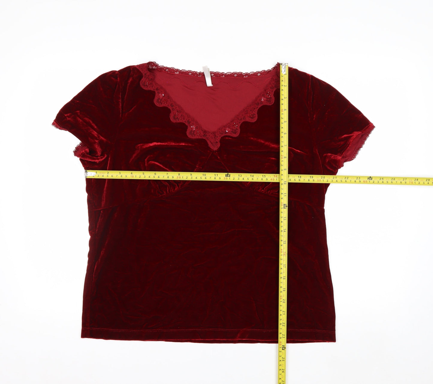 White Stag Women’s Red Velvet Lace V-Neck Short Sleeve Blouse XL
