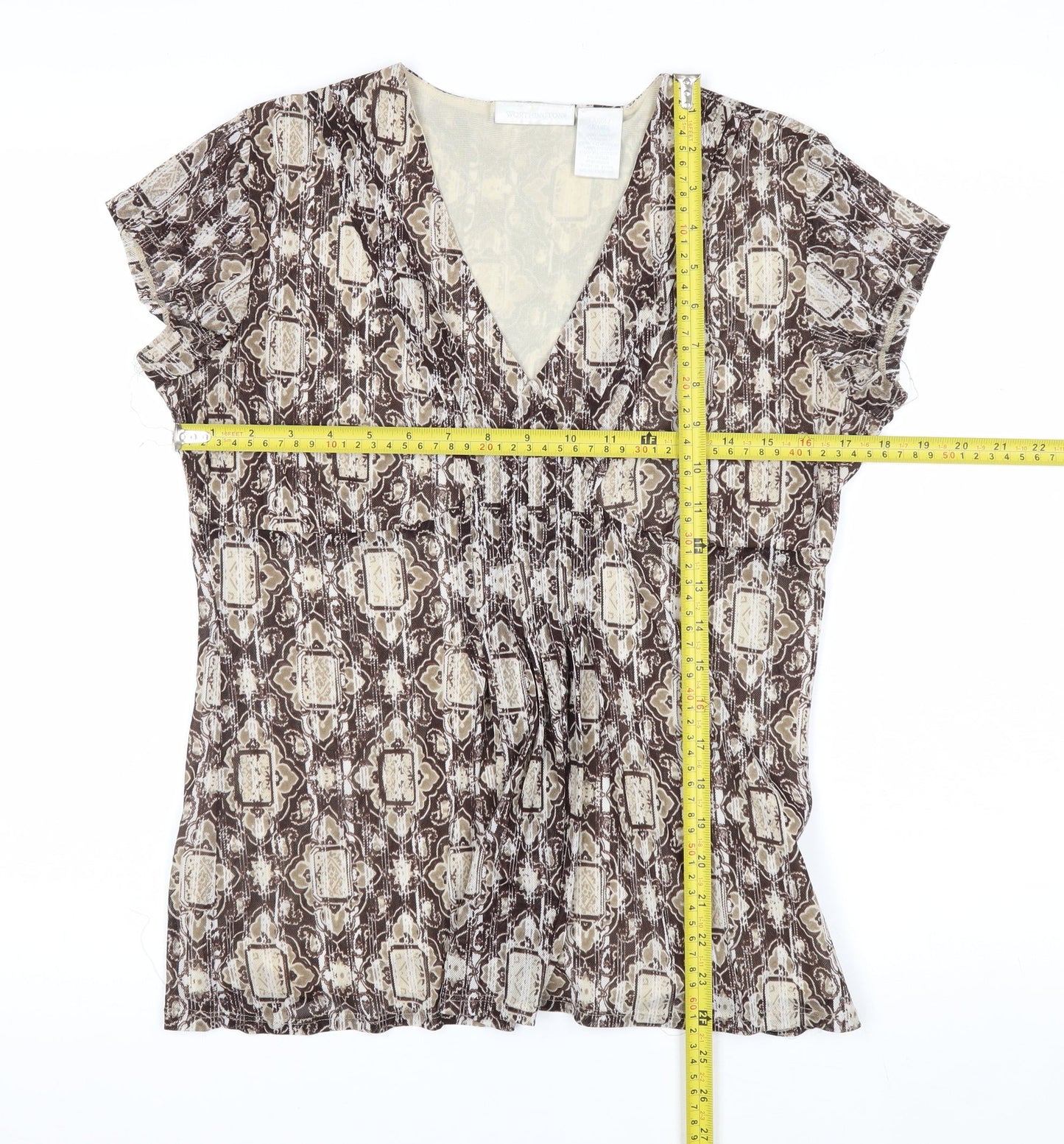 Worthington Women Brown Geometric V-Neck Short Sleeve Tunic Blouse Size L
