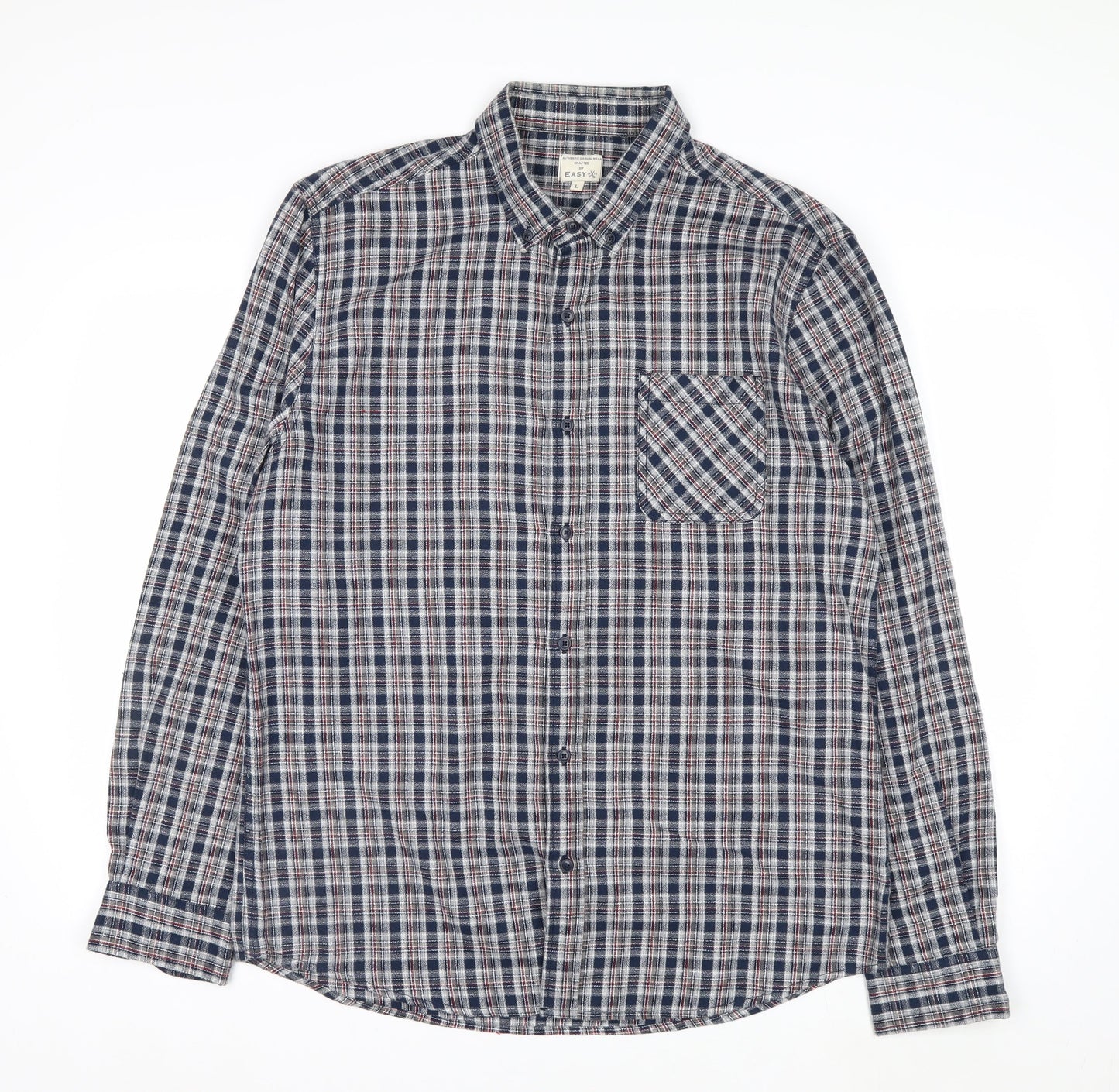 Easy 1973 Men's Blue Checked Cotton Long Sleeve Button-Up Shirt Size L