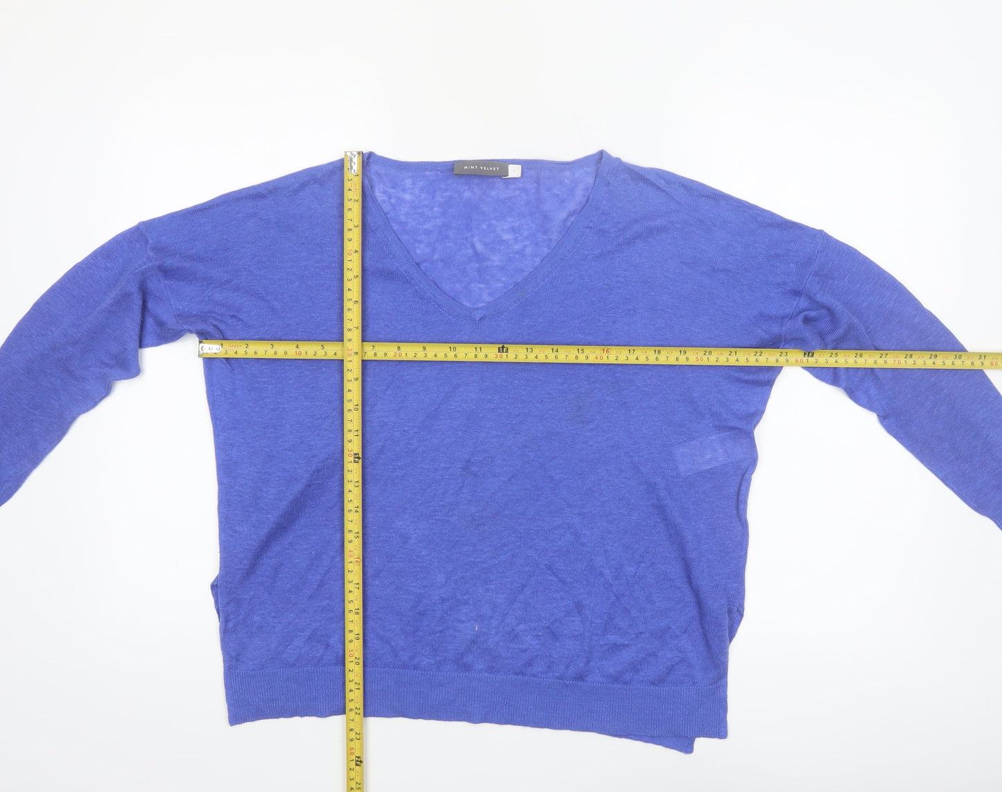 Mint Velvet Women's Blue Linen V-Neck Long Sleeve Blouse Size 8
